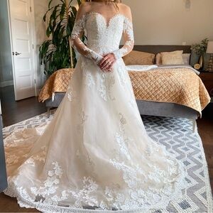 DOMINISS White Over Nude Lace Mesh Long Sleeve A Line Wedding Dress Sz 2 NWOT